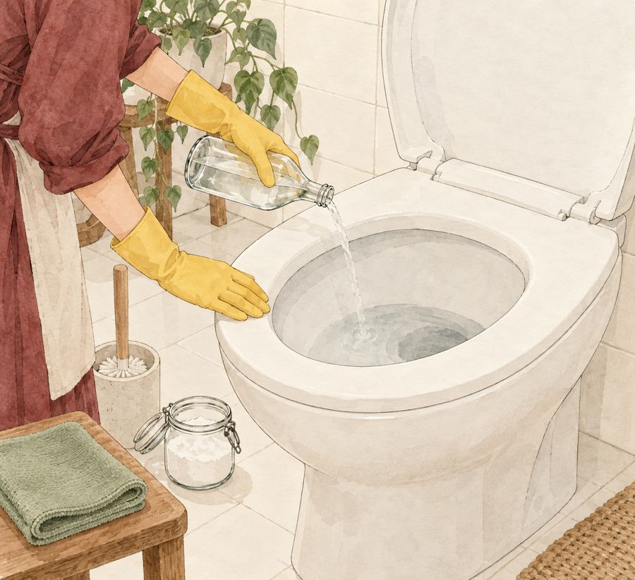 Ilustração em aquarela de mãos com luvas despejando vinagre num vaso sanitário