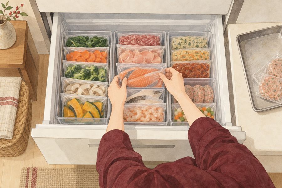 Ilustração de um freezer organizado com saquinhos de pé e etiquetados